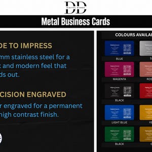 Peut inclure: Cartes de visite en m&eacute;tal en acier inoxydable de 0,21 mm avec gravure laser. L'image pr&eacute;sente le texte MADE TO IMPRESS et PRECISION ENGRAVED, ainsi qu'une palette de couleurs incluant bleu, argent, magenta, or rose, noir, rouge, bleu clair, jaune et or.