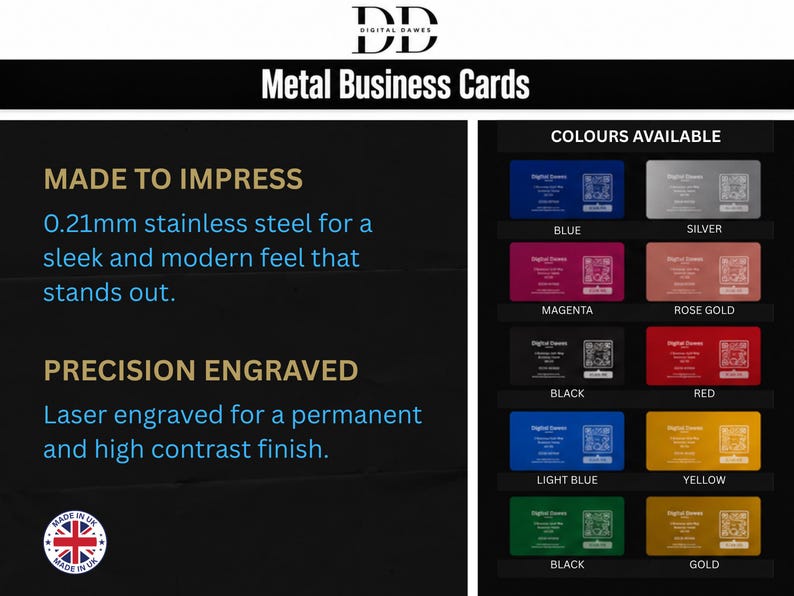 Peut inclure: Cartes de visite en m&eacute;tal en acier inoxydable de 0,21 mm avec gravure laser. L'image pr&eacute;sente le texte MADE TO IMPRESS et PRECISION ENGRAVED, ainsi qu'une palette de couleurs incluant bleu, argent, magenta, or rose, noir, rouge, bleu clair, jaune et or.