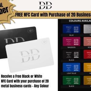 Peut inclure: Une carte de visite NFC rectangulaire noire et une blanche avec le logo Digital Dawes et un symbole sans contact. Un nuancier pr&eacute;sente dix couleurs disponibles, dont bleu, argent, magenta, or rose, noir, rouge, bleu clair, jaune et or.