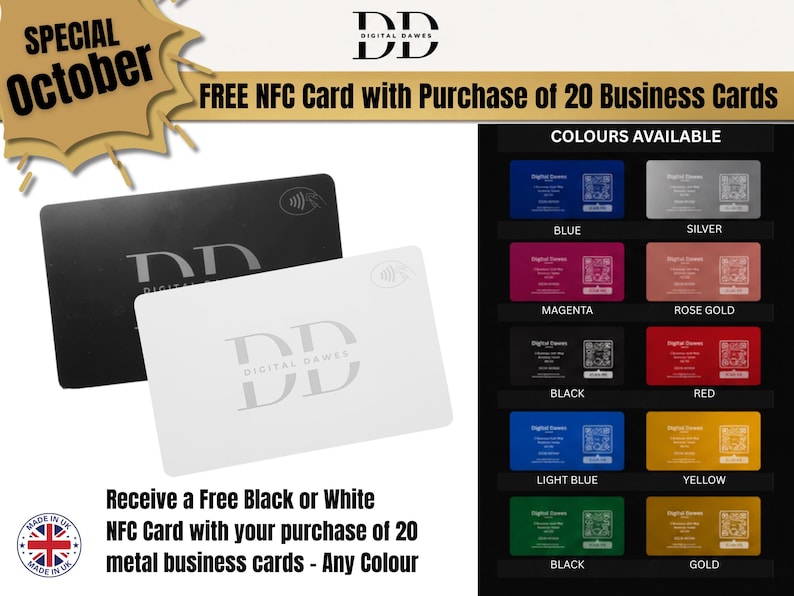 Peut inclure: Une carte de visite NFC rectangulaire noire et une blanche avec le logo Digital Dawes et un symbole sans contact. Un nuancier pr&eacute;sente dix couleurs disponibles, dont bleu, argent, magenta, or rose, noir, rouge, bleu clair, jaune et or.