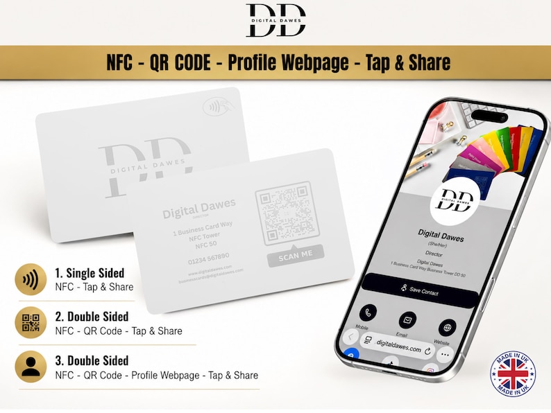 Biglietto da visita NFC bianco personalizzato con incisione / Tocca per condividere, pagina web del profilo facoltativa immagine 1