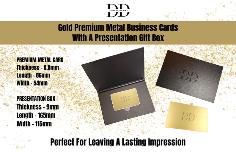 Premium visitkort i guldfärgad metall - 0,8 mm med svart presentask bild 1