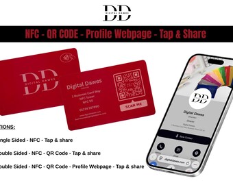 Può includere: Biglietti da visita NFC rossi e uno smartphone che mostra una pagina web del profilo. Le carte presentano il logo "Digital Dawes" e codici QR. Il telefono mostra i dettagli di contatto e le informazioni del sito web. Il testo sulle carte recita "NFC - QR Code - Profile Webpage - Tap & Share."