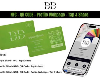 Può includere: Un biglietto da visita digitale con sfondo verde, con il logo "DD" e il testo "Digital Dawes". La scheda include opzioni NFC e codice QR, insieme a uno smartphone che mostra una pagina web del profilo. L'immagine mostra anche le opzioni: Singolo lato, Doppio lato.