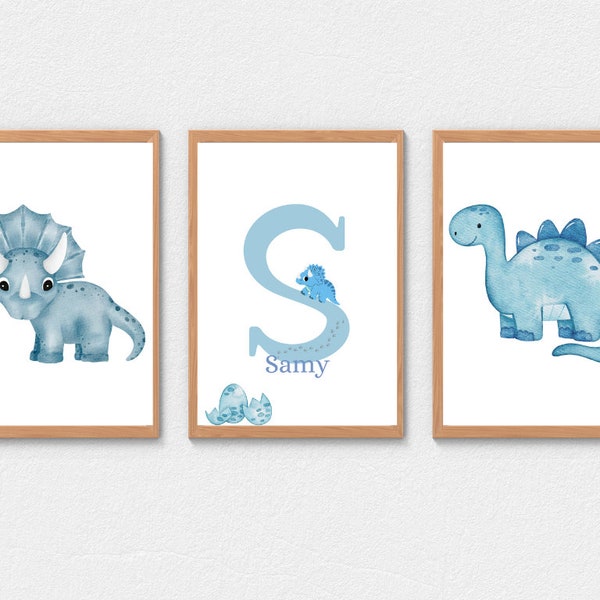 Trio of personalized posters for children - baby - first name - dinosaurs - PDF file