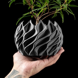 Puede incluir: Una maceta gris, impresa en 3D, con un diseño único en forma de ola, que contiene una pequeña planta verde. La maceta redonda tiene una superficie texturizada. La planta tiene hojas verdes y tallos marrones. La maceta se sostiene en una mano sobre un fondo negro.