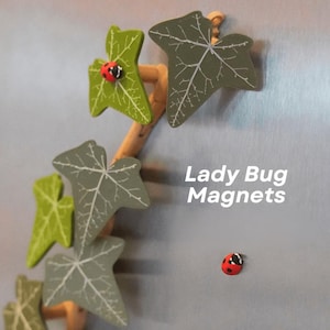 Puede incluir: Imanes de hojas de madera en tonos verdes y grises, con detalles de venas blancas. También hay un pequeño imán de mariquita rojo y negro. Se muestra el texto "Lady Bug Magnets".
