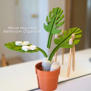Mirror Monstera Organizer | Bathroom Storage for Small Items | Adhesive Mounted Monstera Leaf Decor | Cute Space Saver Gift | ForgeCore