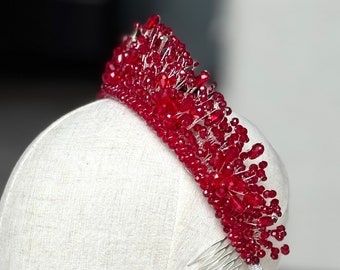 Red Crown, Handmade Red Tiara, Red Tiara Crown, Quinceanera Crown