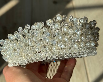 Corona de tiara de boda, corona de tiara de perlas, corona de quince, corona de tiara de cristal de marfil, tocado de boda