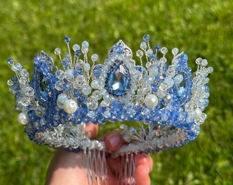 Corona de tiara hecha a mano, tiara azul, corona de boda, corona de quinceañera, tiara de quinceañera, tiara de quinceañera azul