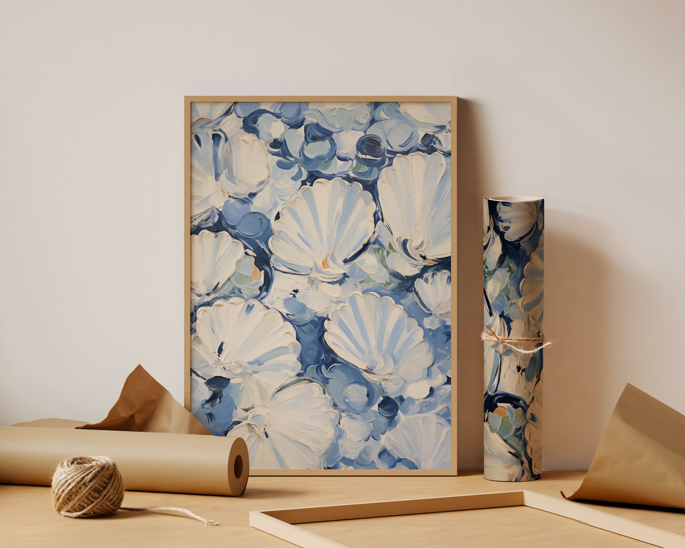 Coastal Seashell Canvas Art, Blue and White Nautical Wall Decor, Beach