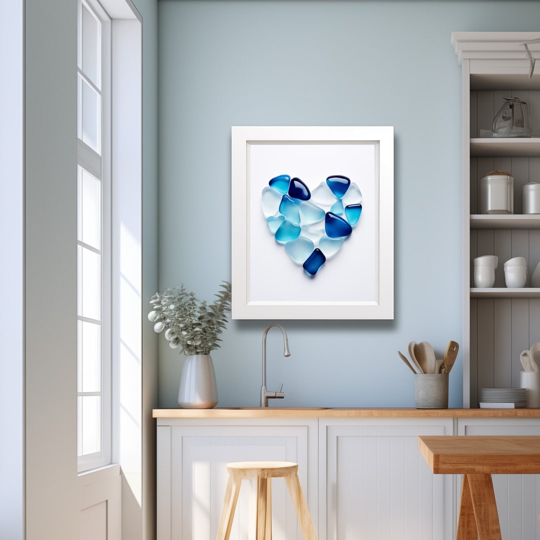 Sea Glass Art, Blue Coastal Wall Art, Sea Glass Heart Print, Indigo