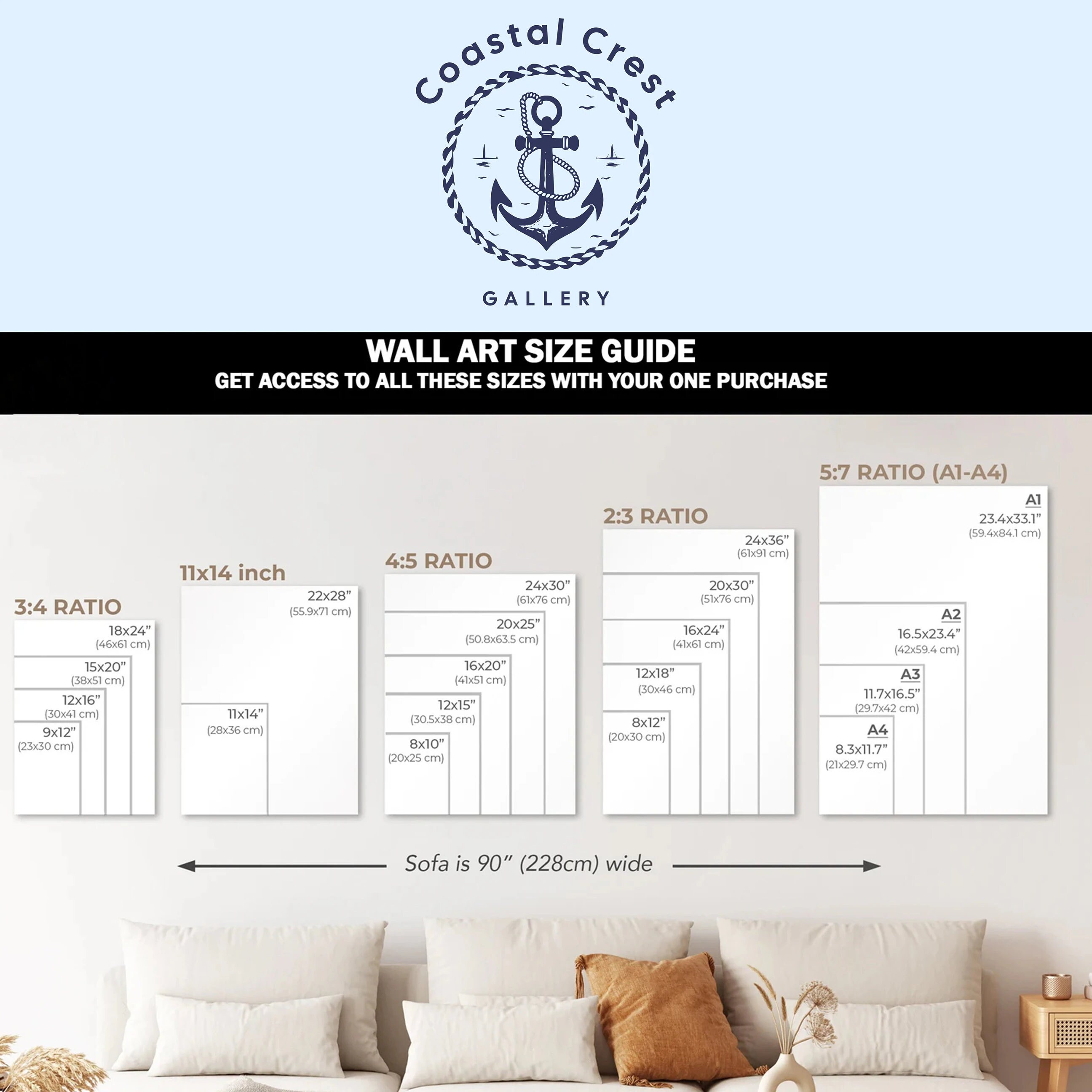 Coastal Seashell Canvas Art, Blue and White Nautical Wall Decor, Beach