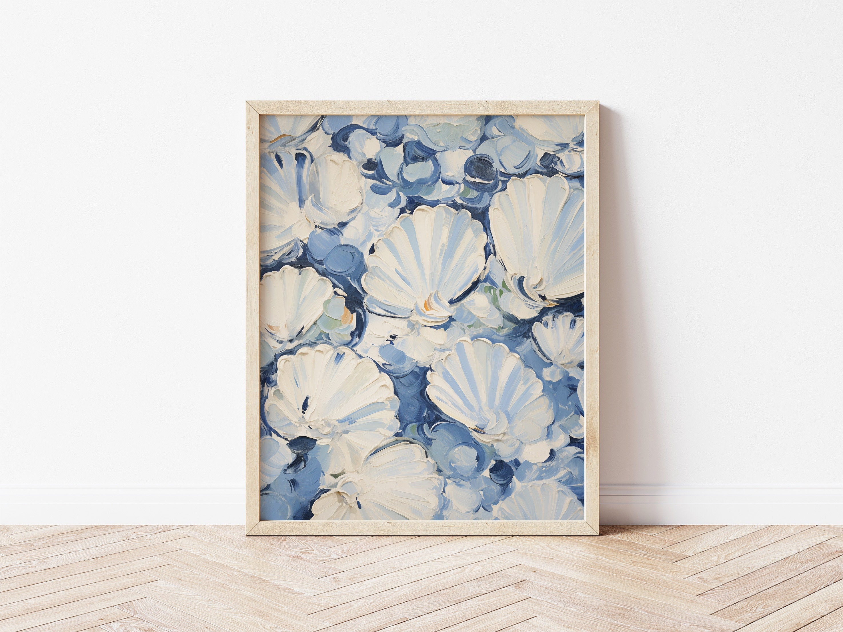 Coastal Seashell Canvas Art, Blue and White Nautical Wall Decor, Beach