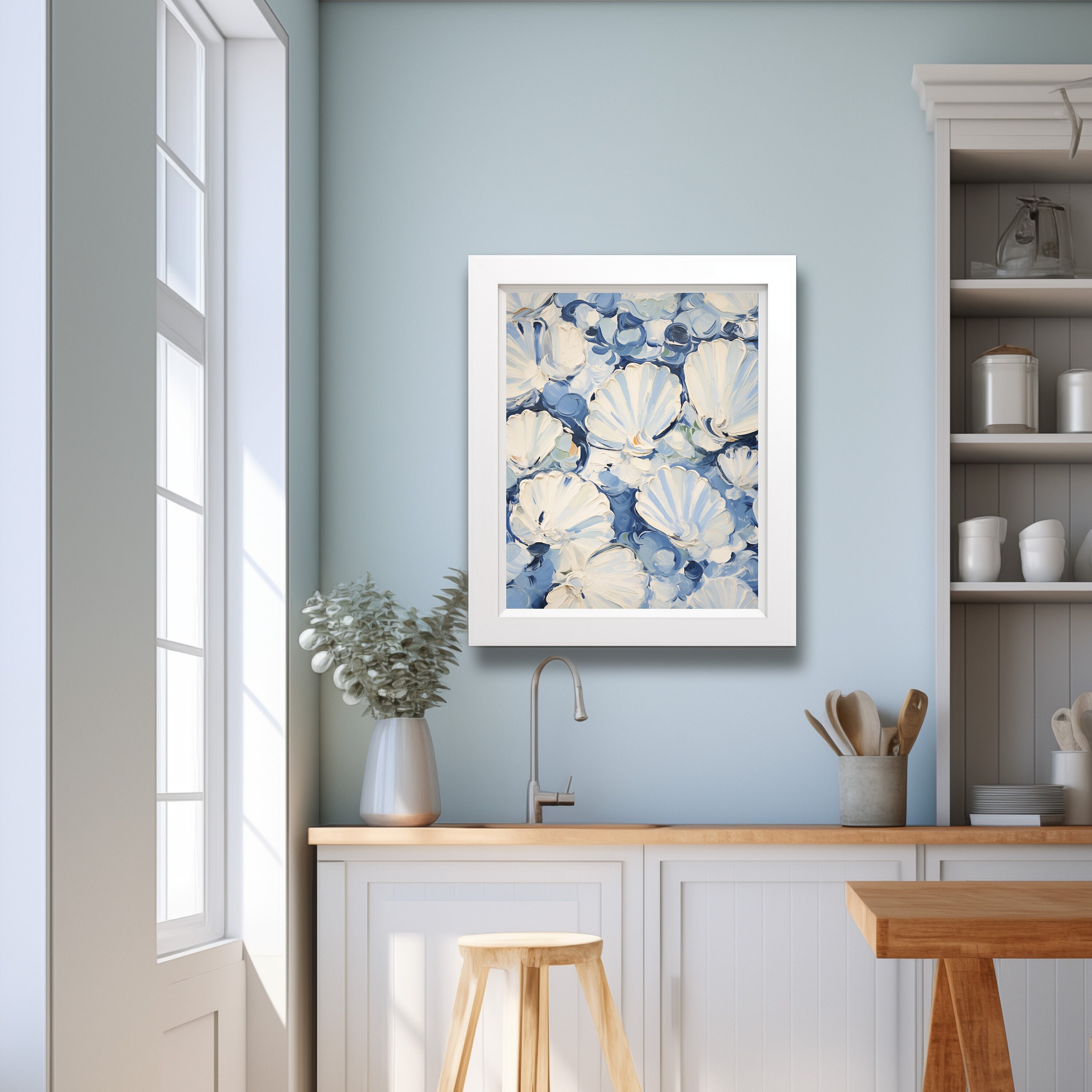 Coastal Seashell Canvas Art, Blue and White Nautical Wall Decor, Beach