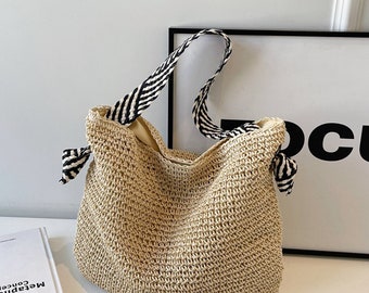 Handmade Straw Weave Tote Bag, Hand Woven Beach Bag, Fashion Casual Bag, Gift for Her, Women's Woven Bag, Straw Bag