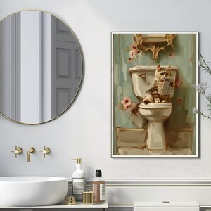 Cat Sitting on the Toilet Reading a Newspaper, Funny Cat Art Bathroom, Printable Bathroom Wall Art, Bathroom Decor, Animal Prints