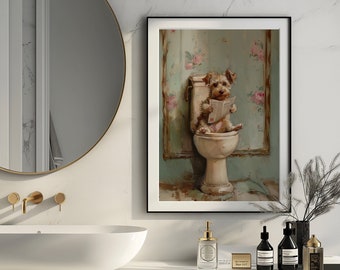 Perro sentado en el inodoro leyendo un periódico, arte divertido de perro para el baño, arte de pared imprimible para el baño, decoración del baño, estampados de animales,