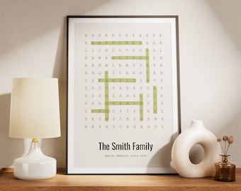 May include: A framed print with a green and white word search puzzle featuring the names "Happiness", "Oliver", "Family", "Sophia", and "Leon". The text "The Smith Family Making Memories Since 2008" is at the bottom of the print.