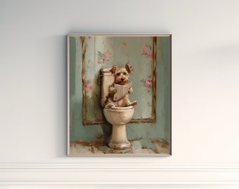 Arte divertido de perro en el baño: Impresión de perro leyendo periódico (descarga digital)