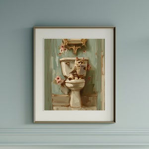 Funny Cat Art Bathroom, Cat Sitting on the Toilet Reading a Newspaper, Printable Bathroom Wall Art, Bathroom Decor, Animal Prints Wall Decor