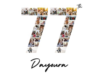 77th Birthday Photo Collage Template | Custom Age Number, Name, Wish (Digital Download)