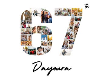 67th Birthday Photo Collage Template | Custom Age Number, Name, Wish (Digital Download)
