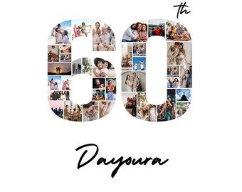 60th Birthday Photo Collage Template | Custom Age Number, Name, Wish (Digital Download)