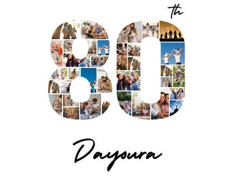 80th Birthday Photo Collage Template | Custom Age Number, Name, Wish (Digital Download)