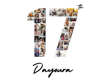 17th Birthday Photo Collage Template | Custom Age Number, Name, Wish (Digital Download)