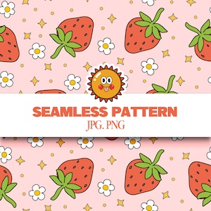 Strawberry Daisy Seamless Pattern, Pastel Strawberry Pattern, Daisy Paper, Digital Download, Boho Pattern, Commercial Use Digital Paper
