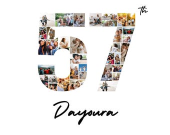 57th Birthday Photo Collage Template | Custom Age Number, Name, Wish (Digital Download)