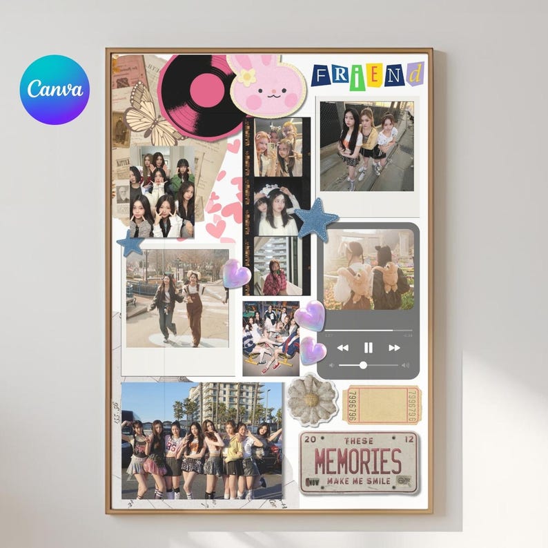 May include: A framed collage featuring photos, stickers, and decorative elements. The collage includes images of people, a vinyl record, a butterfly, and the word "FRIEND". Decorative elements include hearts, stars, and a flower.