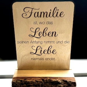 Massivholzdekoration mit Spruchgravur, Familie, Leben, Glück, schöne Sprüche, Holz, nachhaltig, Tischdekoration, Geschenk, Hochzeit, Liebe