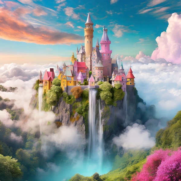 Transporta tus sueños con nuestro arte para imprimir, con un majestuoso castillo entre nubes y cascadas. ¡Eleva tu espacio al instante!