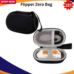 May include: Black Flipper Zero Bag, showing a white device with an orange button and a charging cable. The bag is oval-shaped with a mesh pocket and a black carrying strap. The text "Flipper Zero Bag" is at the top.