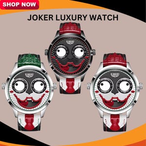 May include: Three LIGE luxury watches with a Joker-themed design. The watch faces feature a white and black design with a red Joker smile and eye details. The watches have silver-toned cases and leather straps in red and green.