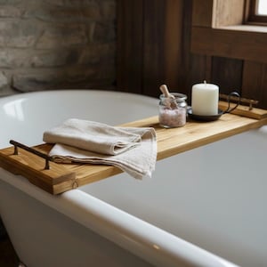 Bandeja de bañera de madera artesanal con acabado roble | Puente de bañera para vino/velas | Estante de baño rústico | Personalizable