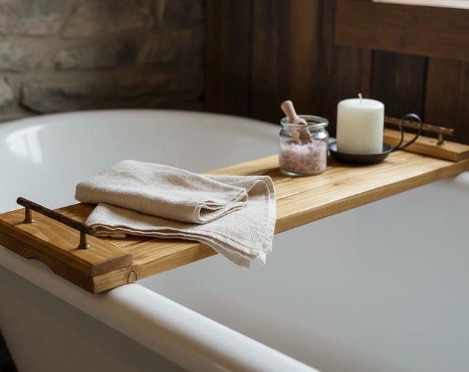 Handcrafted Rustic Oak Stain Wooden Bath Caddy | Bathtub Tray for Wine, Book & Candle | Rustic Bathroom Shelf | Customizable Bath Bridge