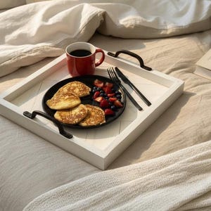 Herringbone Wood Serving Tray | Rustic Whitewashed Breakfast Tray with Handles | Farmhouse Style Home Décor 40x40cm | Cosy Autumn Décor
