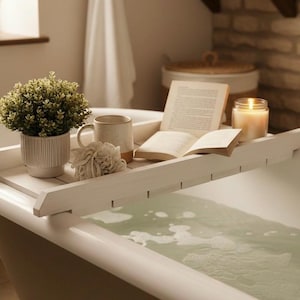 Wooden Bathtub Tray | Personalised Bath Board | Bathtub Caddy White or Walnut Stain Finish | Spa Bath Tray | Bathroom Gift | Bath Bridge