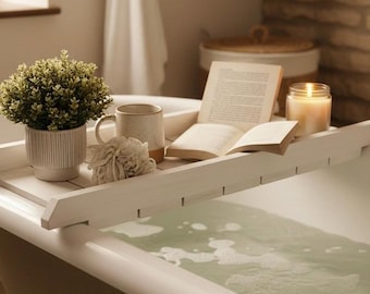 Wooden Bathtub Tray | Personalised Bath Board | Bathtub Caddy White or Walnut Stain Finish | Spa Bath Tray | Bathroom Gift | Bath Bridge