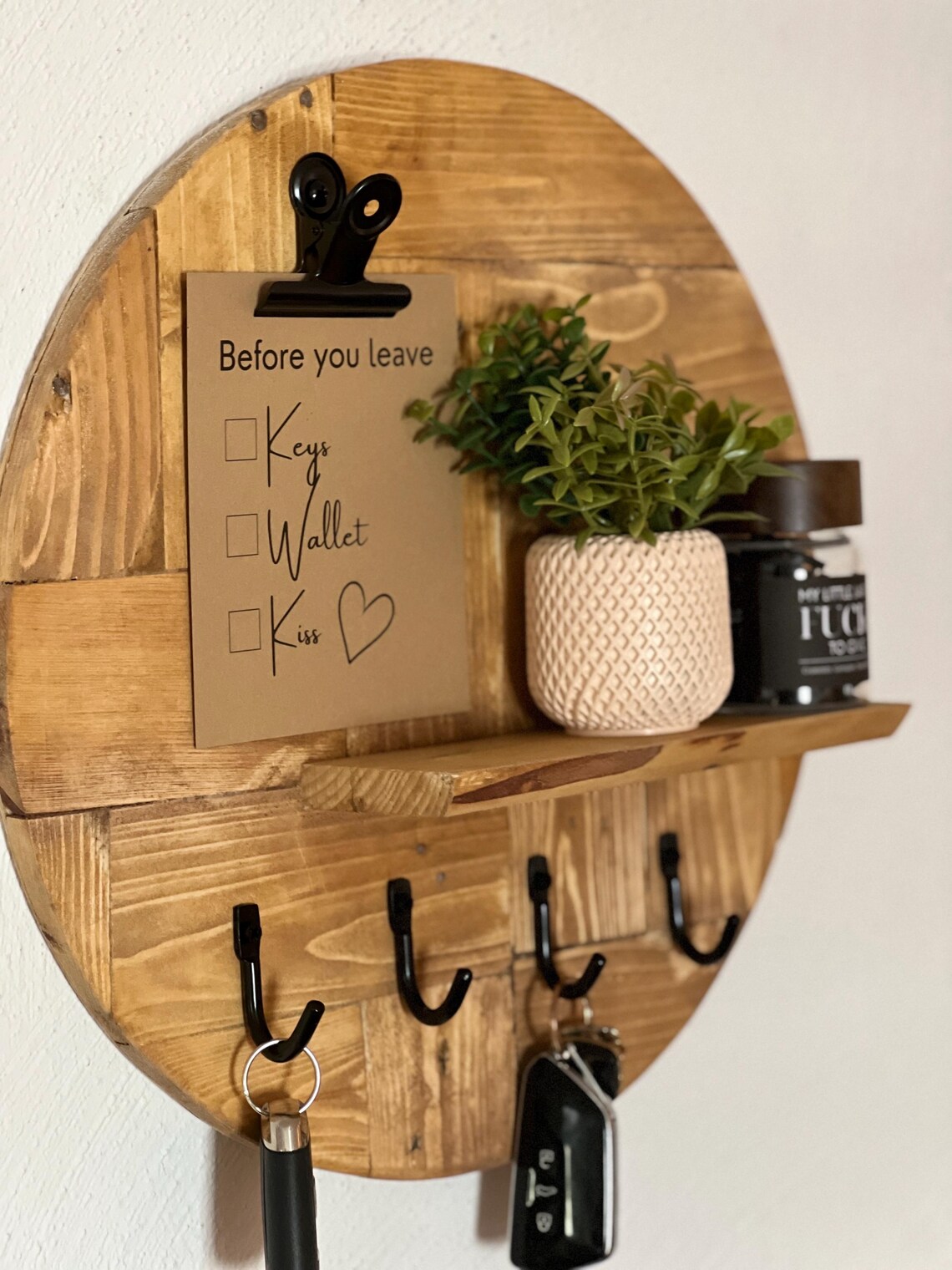 Round Wooden Key Holder With Shelf | Rustic Wall Key Organiser ...