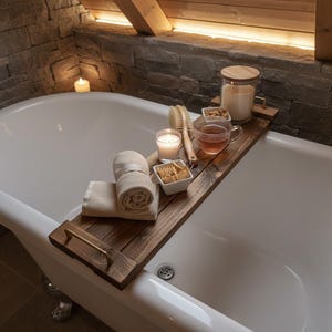 Puede incluir: Una bañera blanca con patas con una bandeja de madera que contiene toallas enrolladas, una vela, un cepillo, una taza de té y cuencos pequeños. La bandeja tiene un asa dorada. El fondo presenta una pared de piedra y una vela encendida.