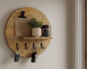 Porte-clés rond en bois avec étagère | Porte-clés mural rustique | Panneau à clés | Rangement mural style bois de palette