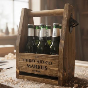 Könnte beinhalten: Ein Bierkasten aus Holz mit sechs grünen Glasflaschen. Der Kasten hat einen Griff und einen integrierten Flaschenöffner. Auf der Vorderseite des Kastens steht "THE THIRST AID CO. MARKUS EST.1996".