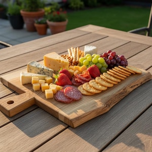 Tagliere per salumi in rovere con bordo vivo – tagliere da portata in legno massello con manico – tagliere per formaggi in legno rustico – regalo per gli ospiti