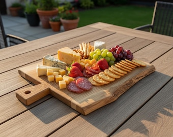 Live Edge Oak Charcuterie Board – Solid Oak Bread Board with Handle – Rustic Serving Board – Natural Wood Cheese Platter – Host Gift Kitchen