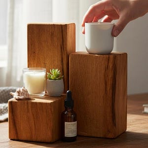 Könnte beinhalten: Dekorative Elemente auf Holzblöcken arrangiert. Enthält eine kleine Kerze im Glas, eine Sukkulente im Topf, eine braune Flasche mit Tropfer und eine weiße Keramiktasse. Die Blöcke weisen eine natürliche Holzmaserung auf.